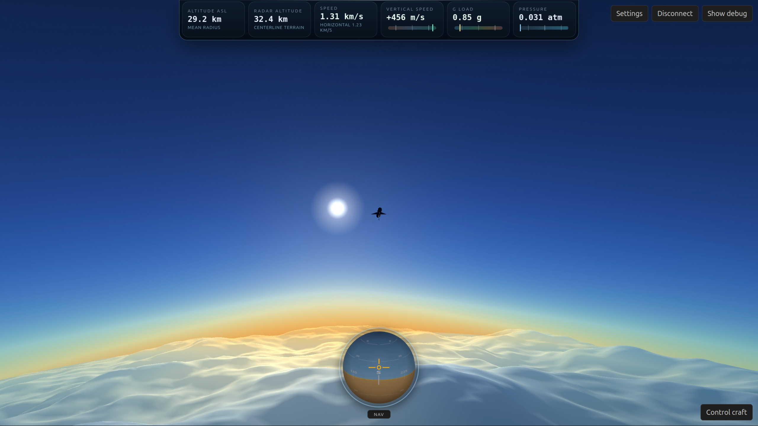 A craft high in the upper atmosphere with the curved orange-glowing horizon of the planet below and a navball HUD on screen.