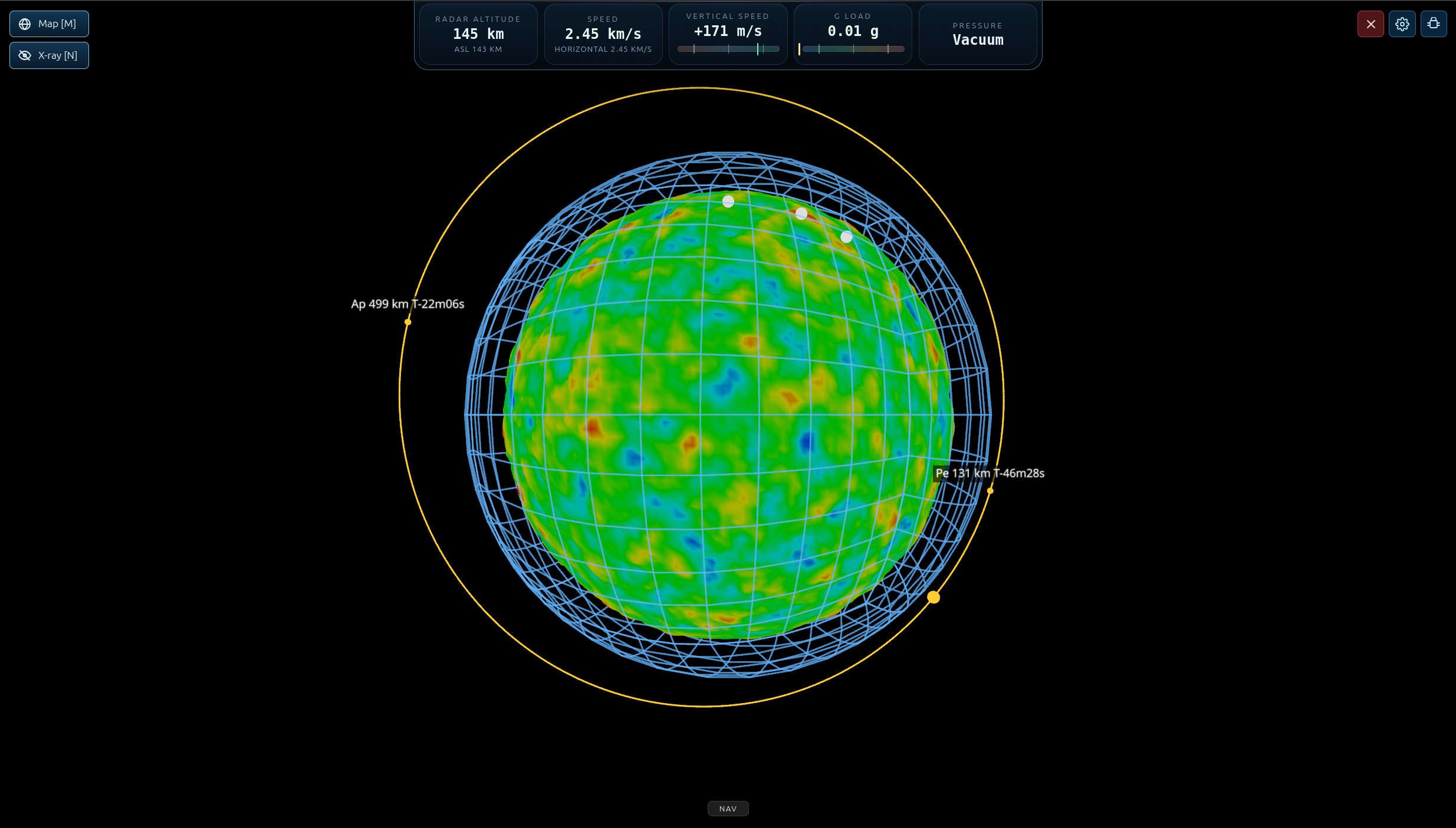 A map and orbit view showing a wireframe planet with a yellow orbital ellipse and apoapsis and periapsis markers.