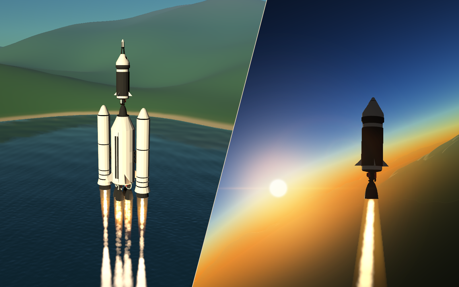 Precision Engineering: a rocket launching over water and its upper stage climbing toward the sun.