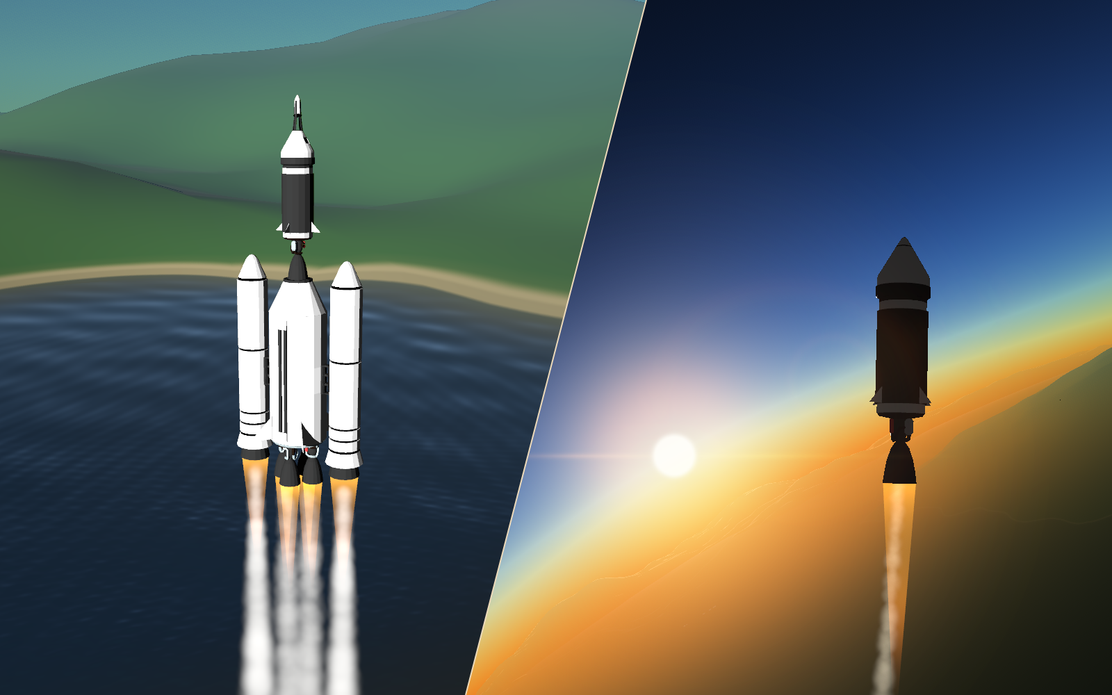 Precision Engineering: a rocket launching over water and its upper stage climbing toward the sun.